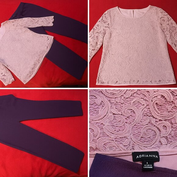 Adrianna Papell Lace Blouse & Counterparts Slim Pants Set – Size L Top / 12 Pant - Picture 2 of 11